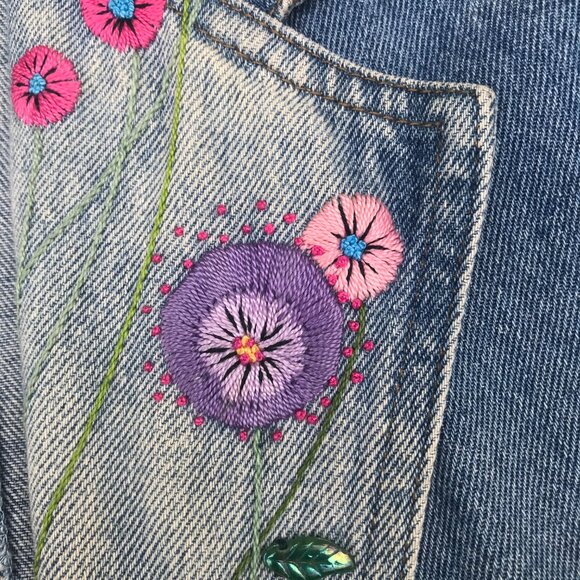 VTG Color Me Cotton Blue Denim Duster Coat Embroidered Flowers/ Buttons  L/XL - Picture 8 of 16